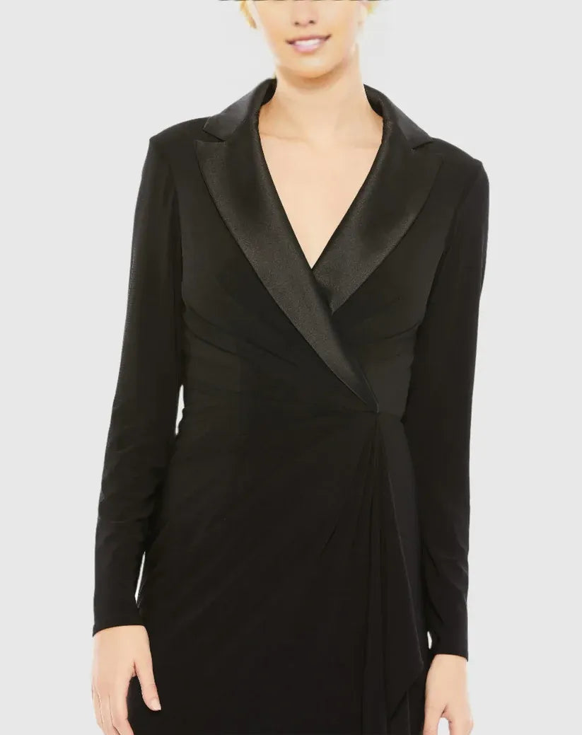Beautiful Timeless Chic Elegant Black Satin Sheath Long Sleeve Floor-Length Prom Dress