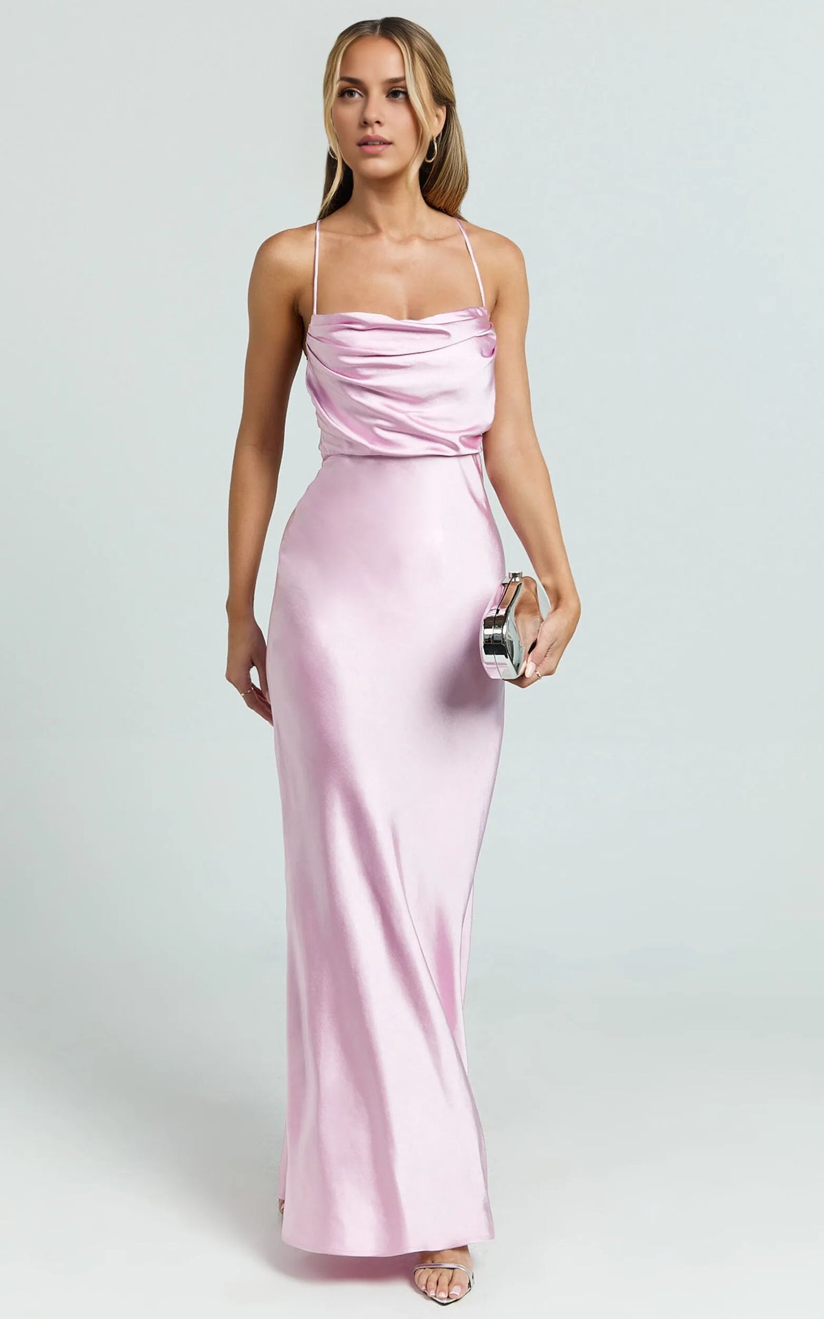 Beautiful Timeless Special Occasion Sophisticated Elegant Pink Satin Cowl Sleeveless Evening Dress