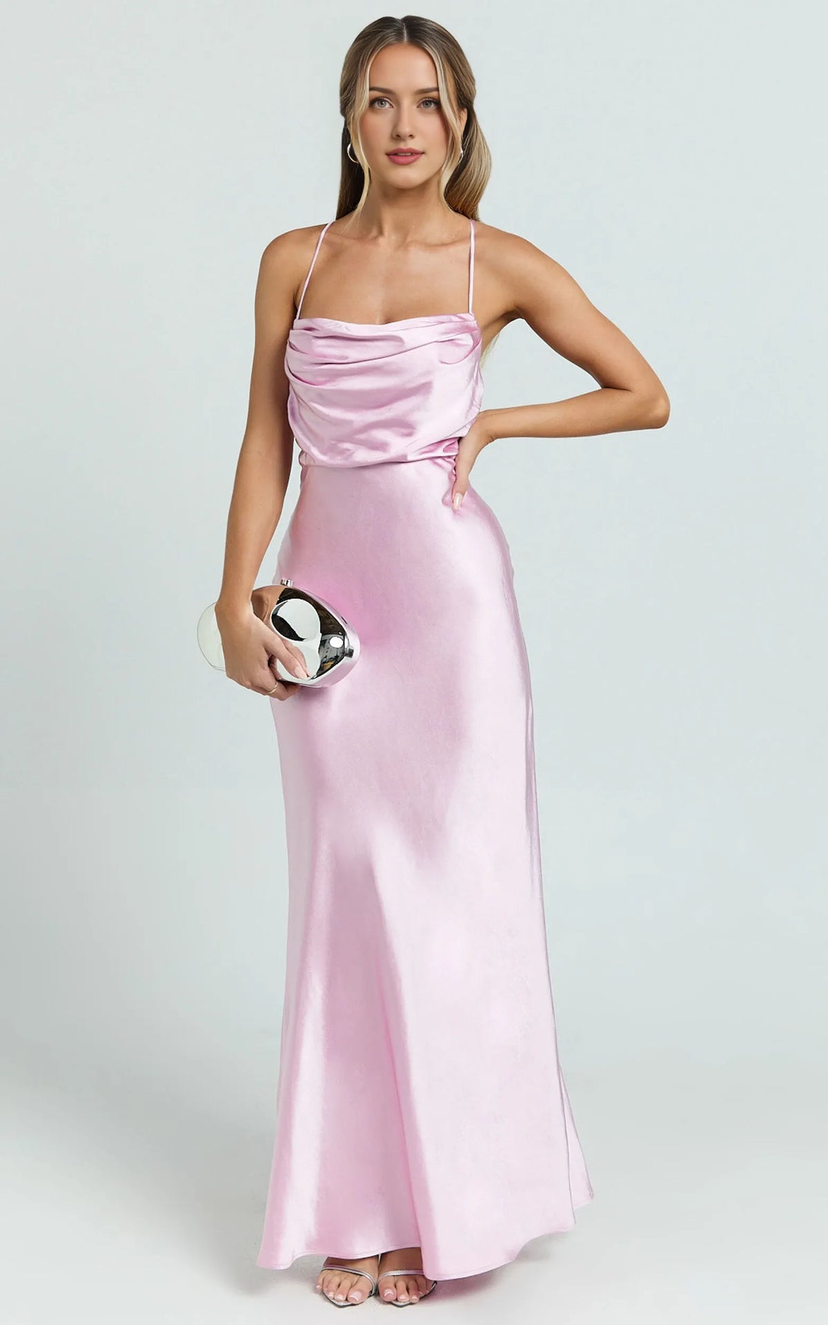 Beautiful Timeless Special Occasion Sophisticated Elegant Pink Satin Cowl Sleeveless Evening Dress