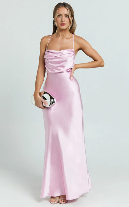 Beautiful Timeless Special Occasion Sophisticated Elegant Pink Satin Cowl Sleeveless Evening Dress