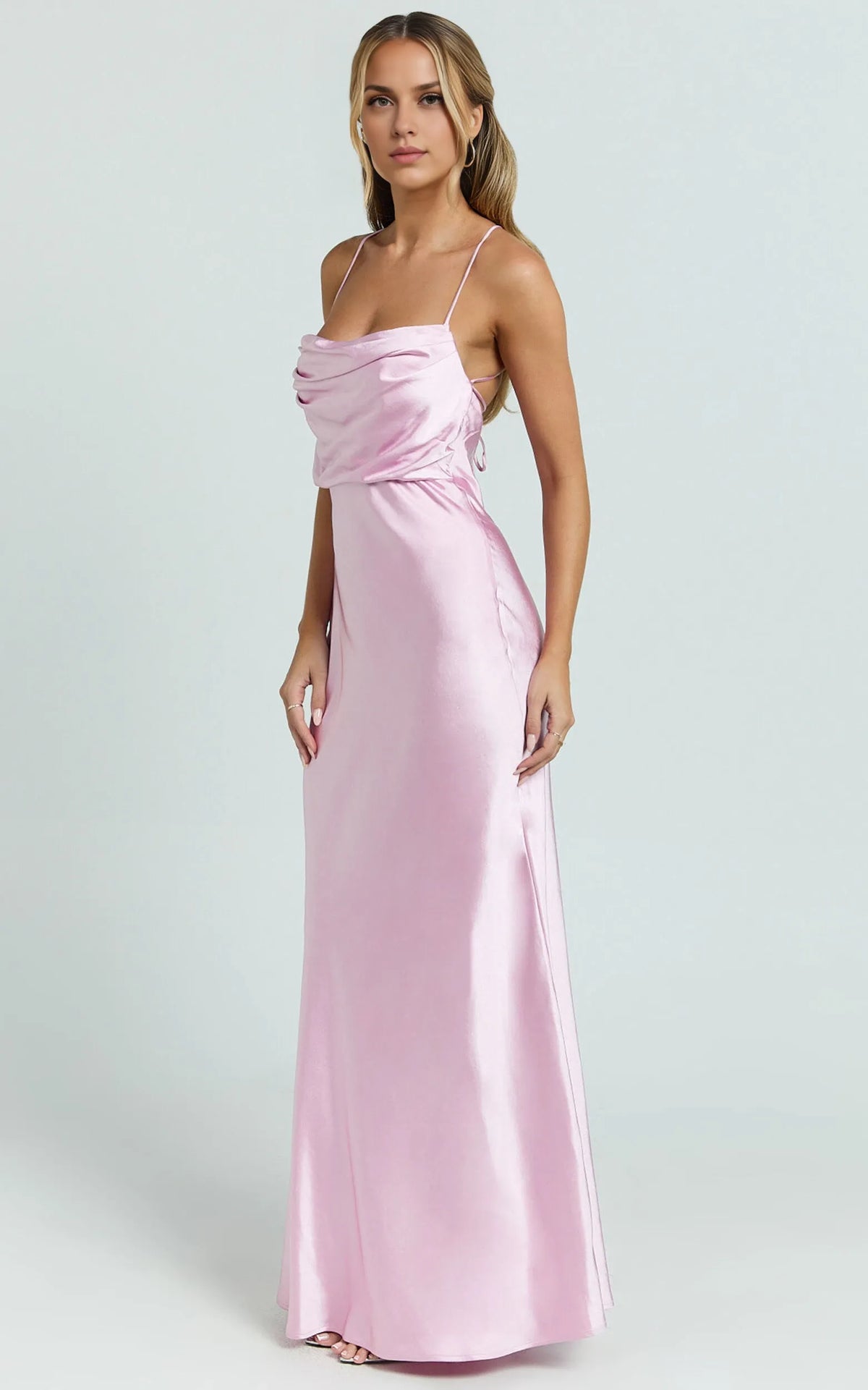 Beautiful Timeless Special Occasion Sophisticated Elegant Pink Satin Cowl Sleeveless Evening Dress