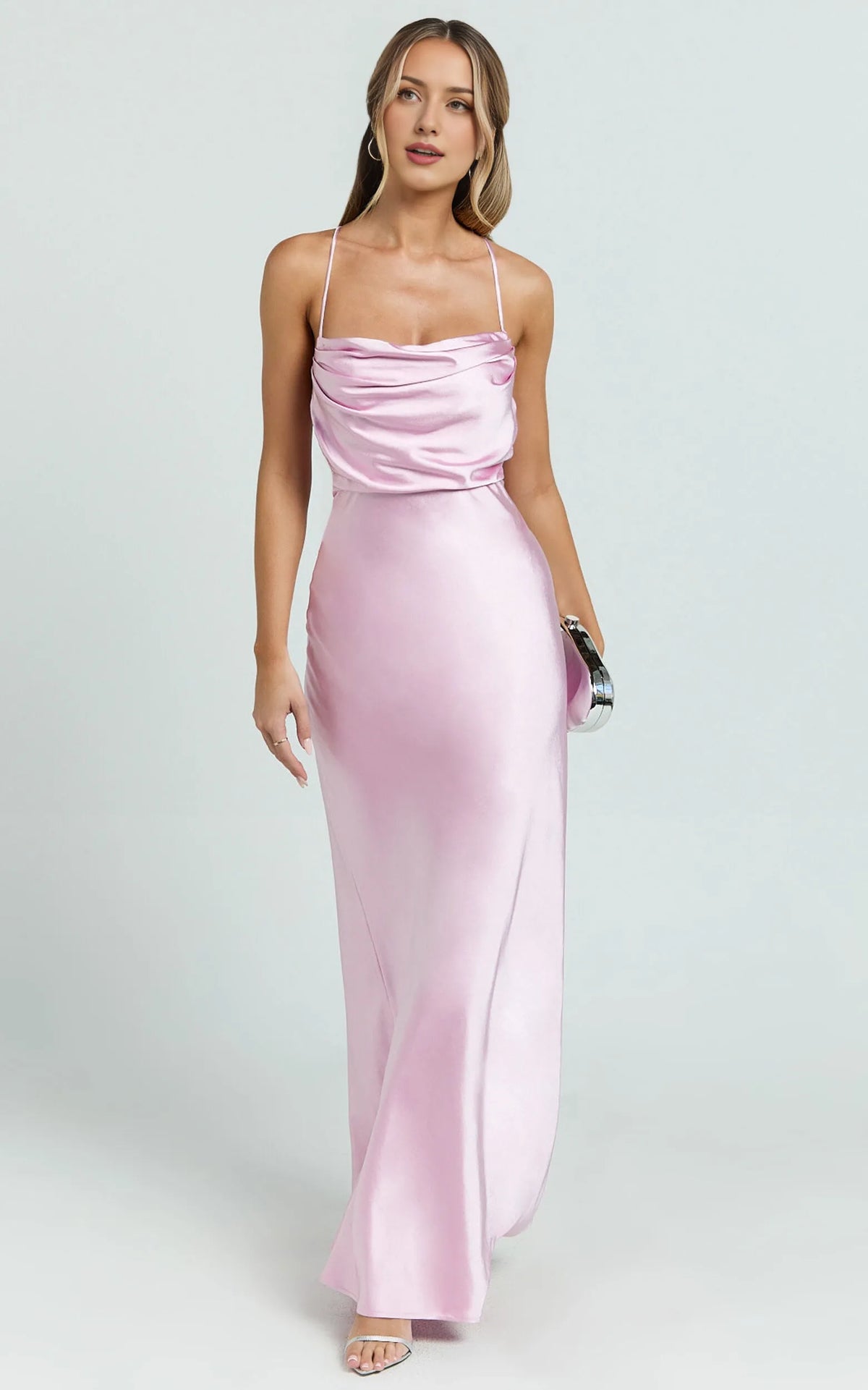 Beautiful Timeless Special Occasion Sophisticated Elegant Pink Satin Cowl Sleeveless Evening Dress