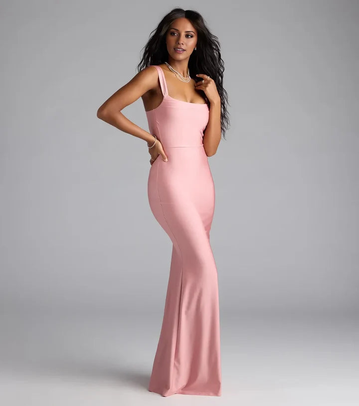 Elegant Mermaid Square Neck Double Strap Open Back Long Evening Dress