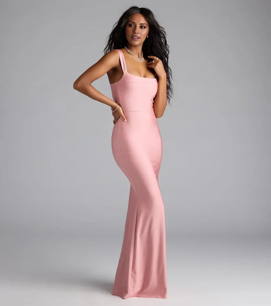 Elegant Red Mermaid Square-Neck Classic-Sleeve Open-Back Mini-Length Prom Dress
