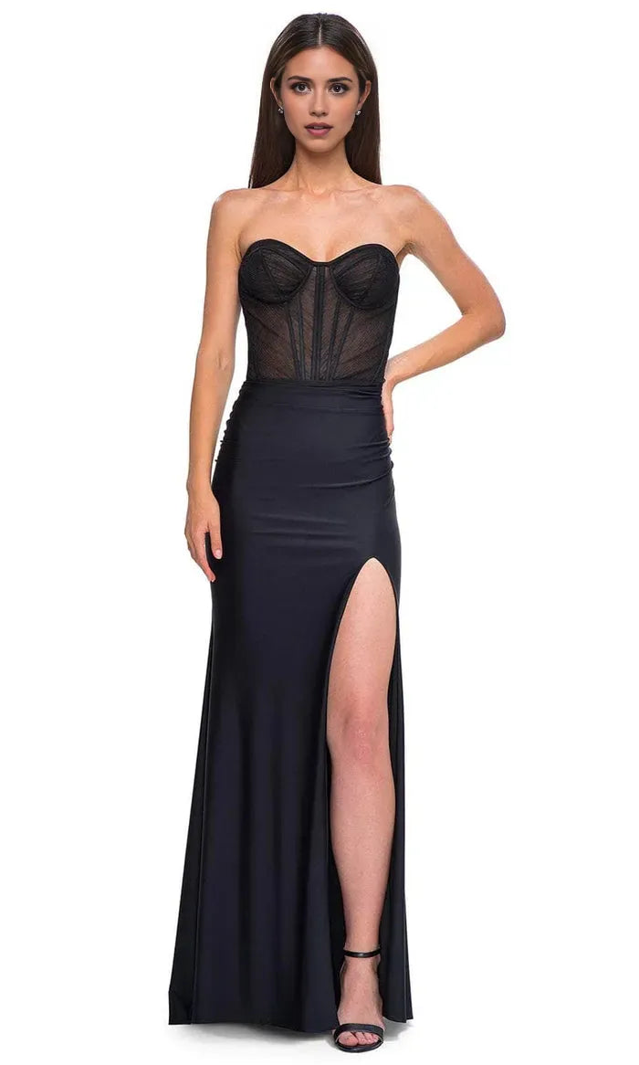 Black Sexy Strapless Corset Top Prom Dress with High Side Slit for Formal Evening Events