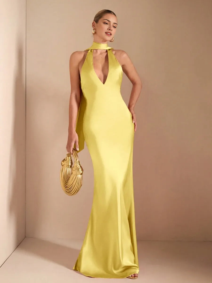 Yellow Sexy Mermaid Halter Neck Sleeveless Backless Floor-Length Cut-Out Back Prom Dress