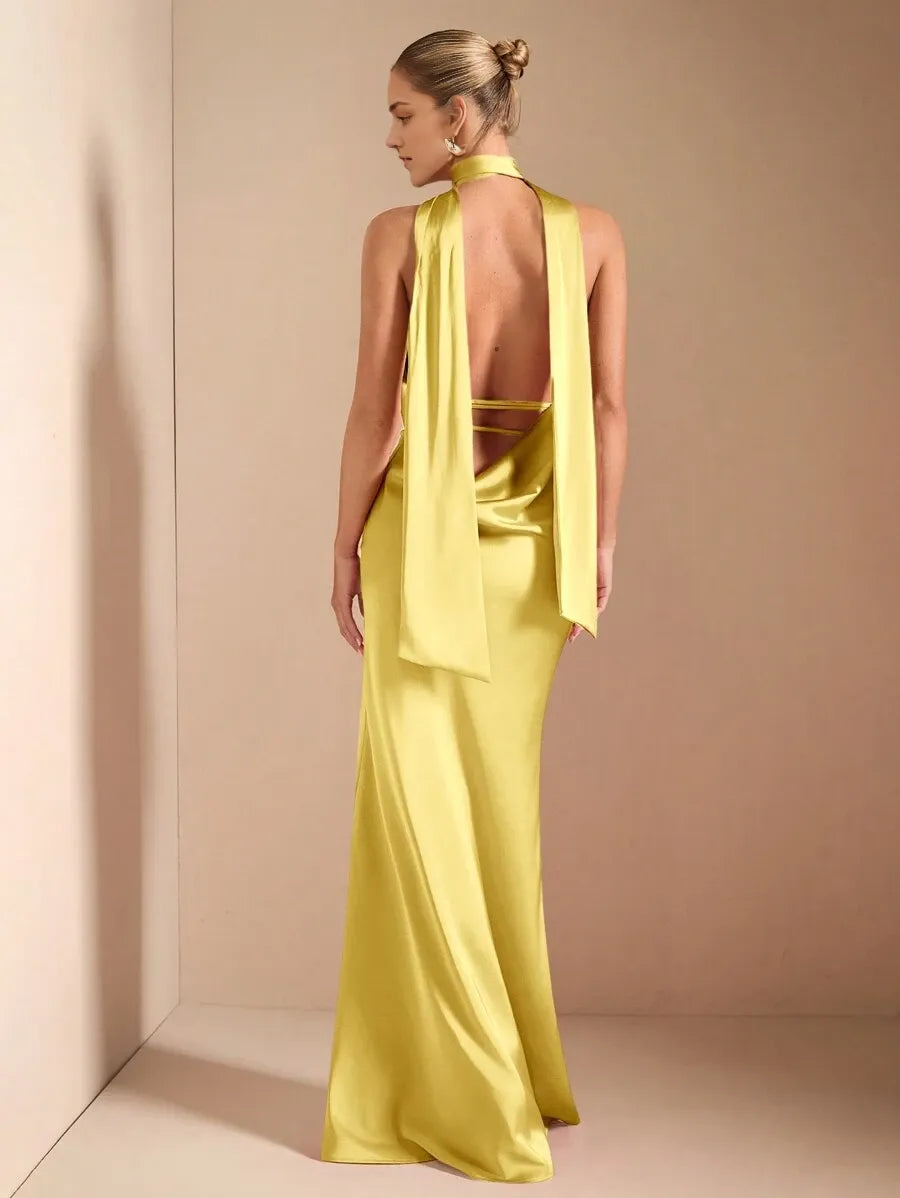 Yellow Sexy Mermaid Halter Neck Sleeveless Backless Floor-Length Cut-Out Back Prom Dress