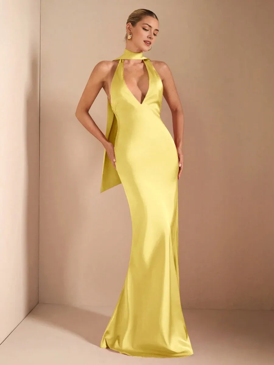 Yellow Sexy Mermaid Halter Neck Sleeveless Backless Floor-Length Cut-Out Back Prom Dress