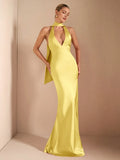 Yellow Sexy Mermaid Halter Neck Sleeveless Backless Floor-Length Cut-Out Back Prom Dress