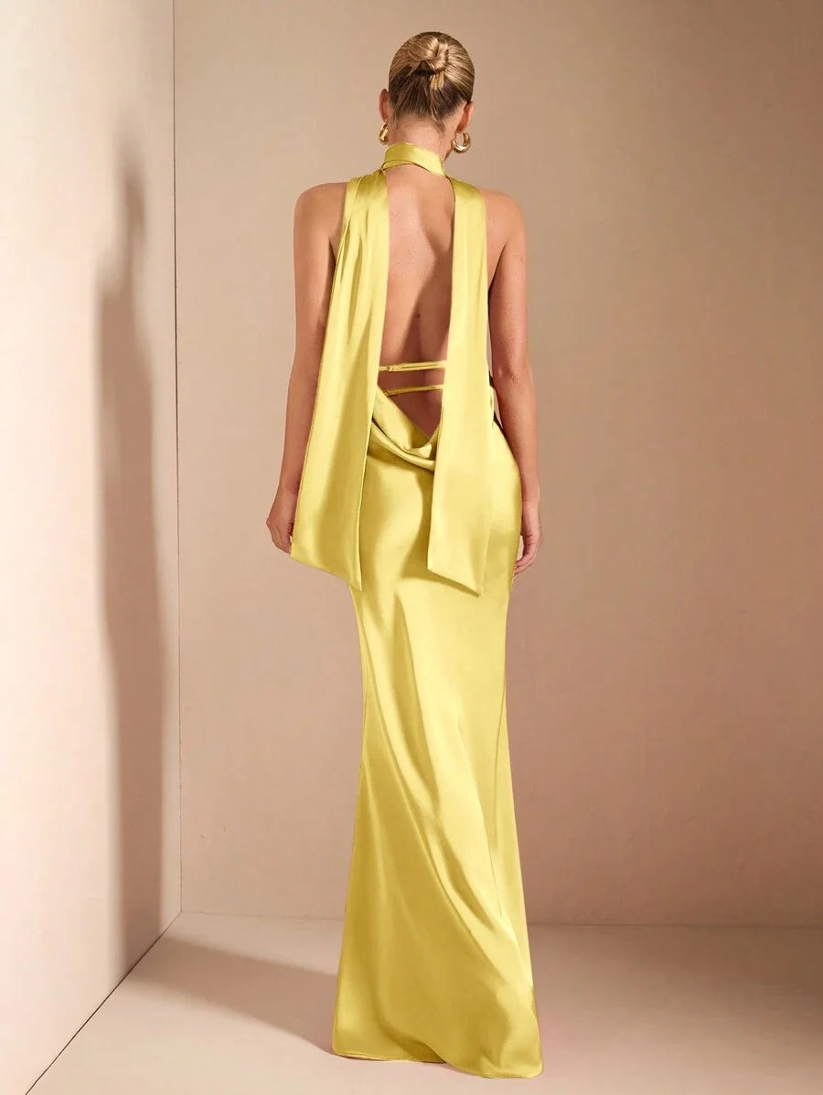 Yellow Sexy Mermaid Halter Neck Sleeveless Backless Floor-Length Cut-Out Back Prom Dress