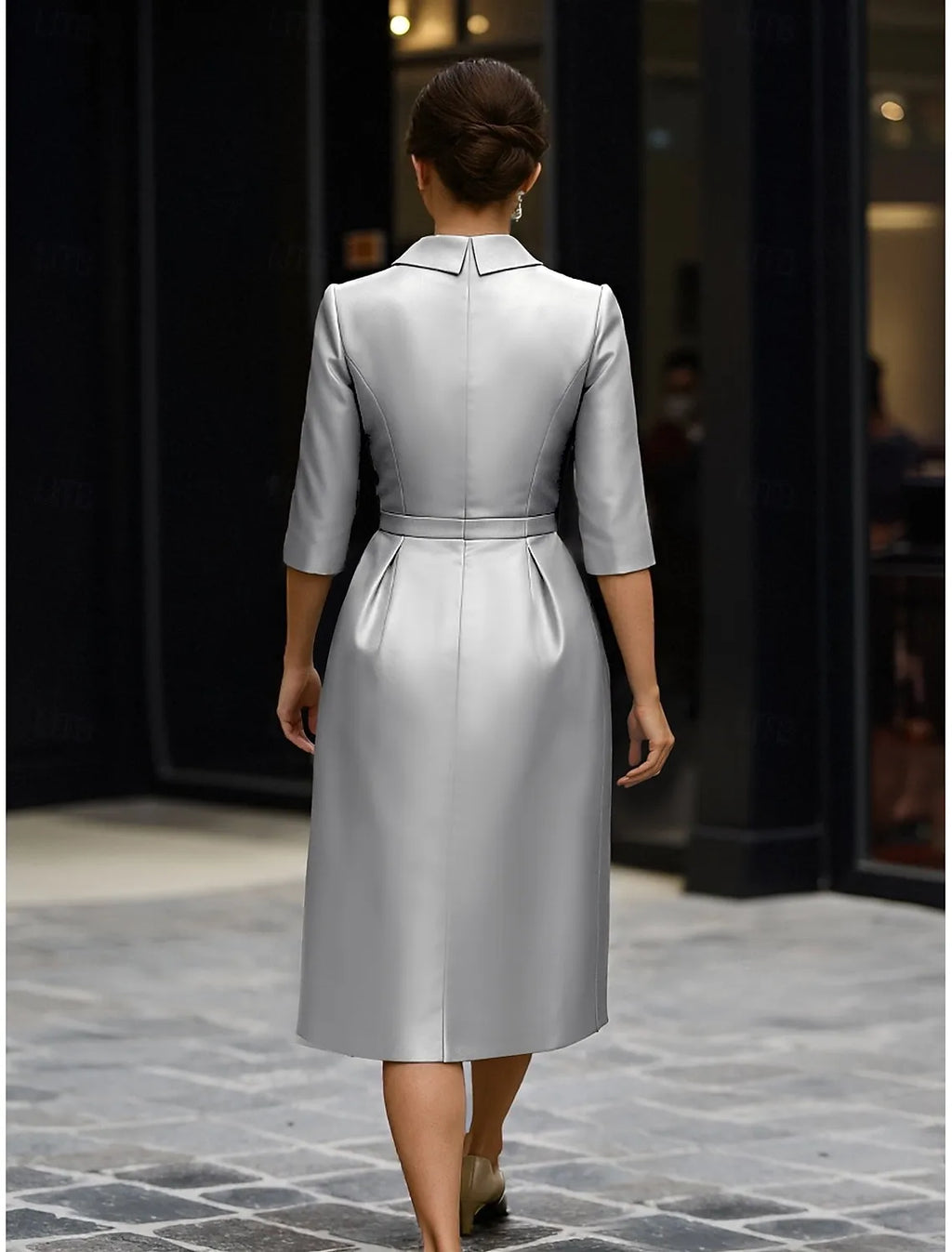 Sophisticated Graceful Stylish Refined Elegant Silver Satin Sheath Pleated Knee-Length Cocktail Dress