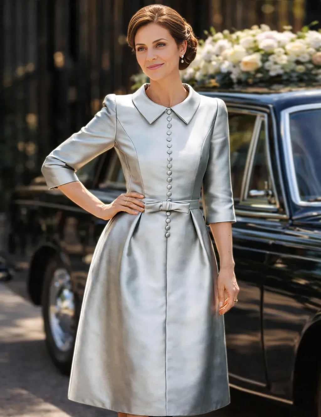 Sophisticated Graceful Stylish Refined Elegant Silver Satin Sheath Pleated Knee-Length Cocktail Dress