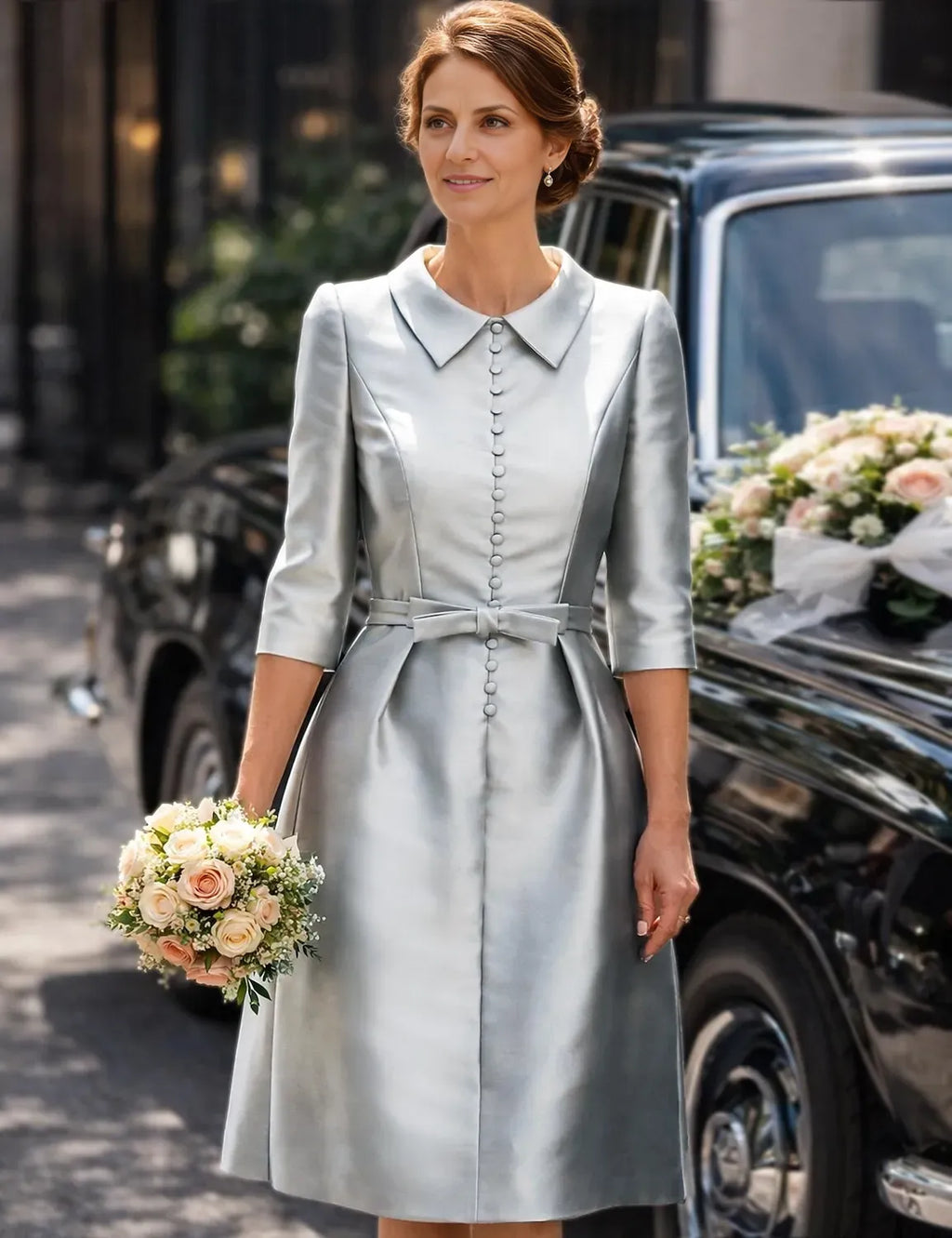 Sophisticated Graceful Stylish Refined Elegant Silver Satin Sheath Pleated Knee-Length Cocktail Dress