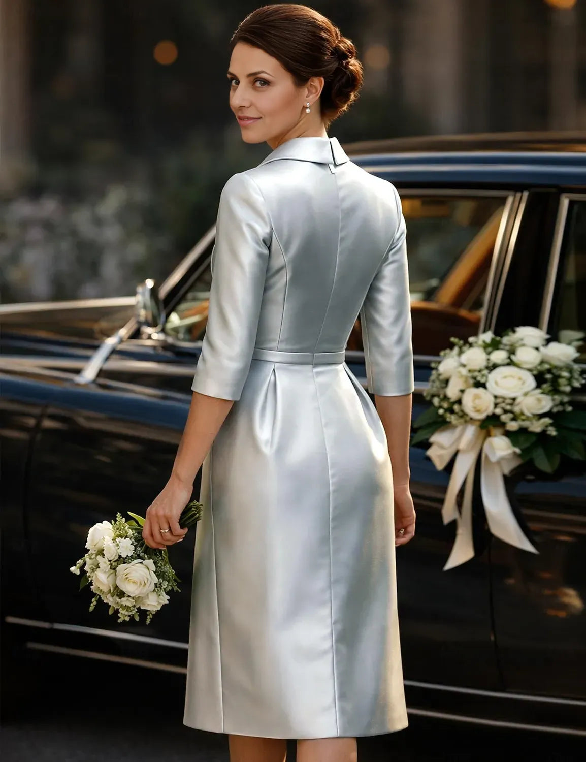 Sophisticated Graceful Stylish Refined Elegant Silver Satin Sheath Pleated Knee-Length Cocktail Dress