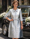 Sophisticated Graceful Stylish Refined Elegant Silver Satin Sheath Pleated Knee-Length Cocktail Dress