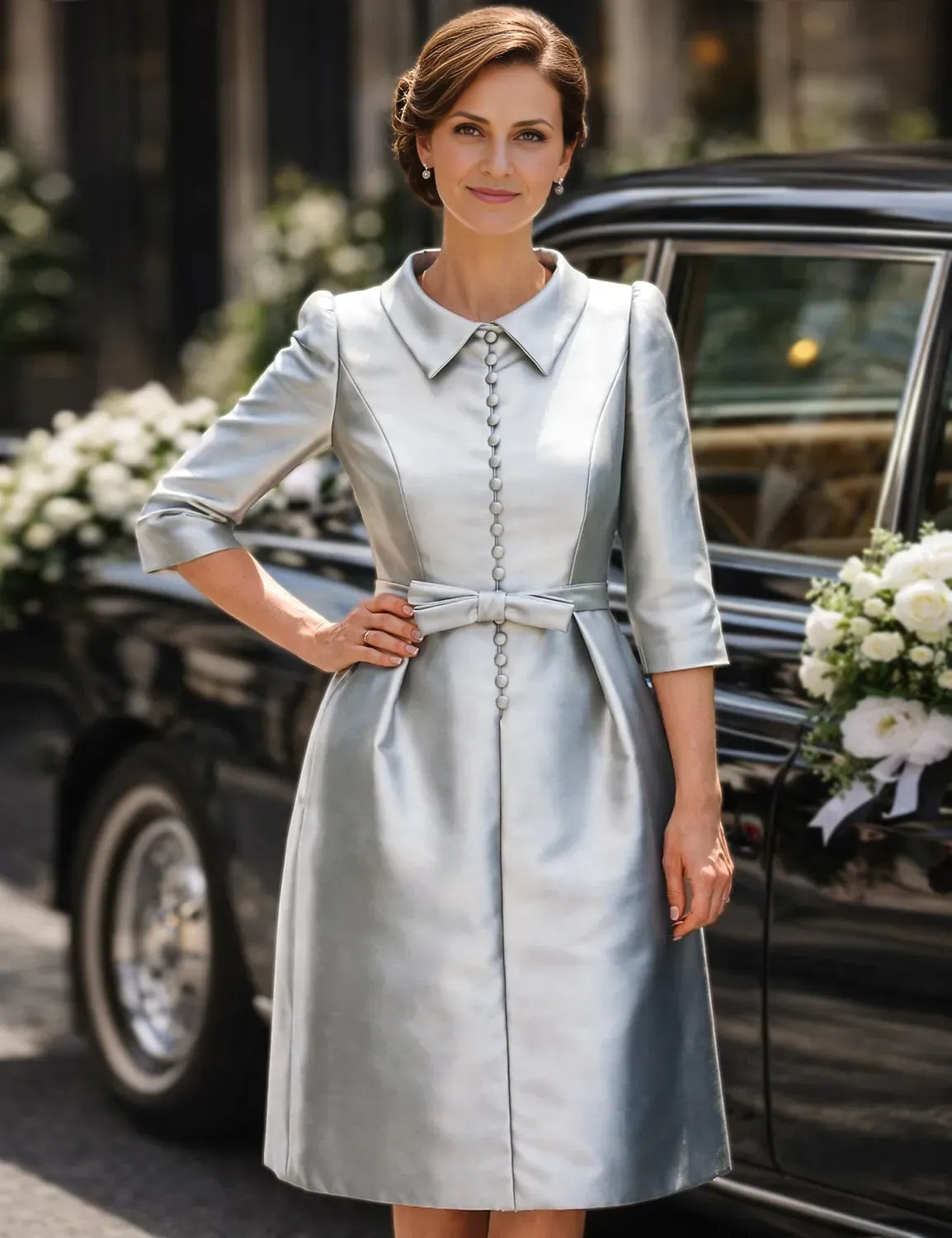 Sophisticated Graceful Stylish Refined Elegant Silver Satin Sheath Pleated Knee-Length Cocktail Dress