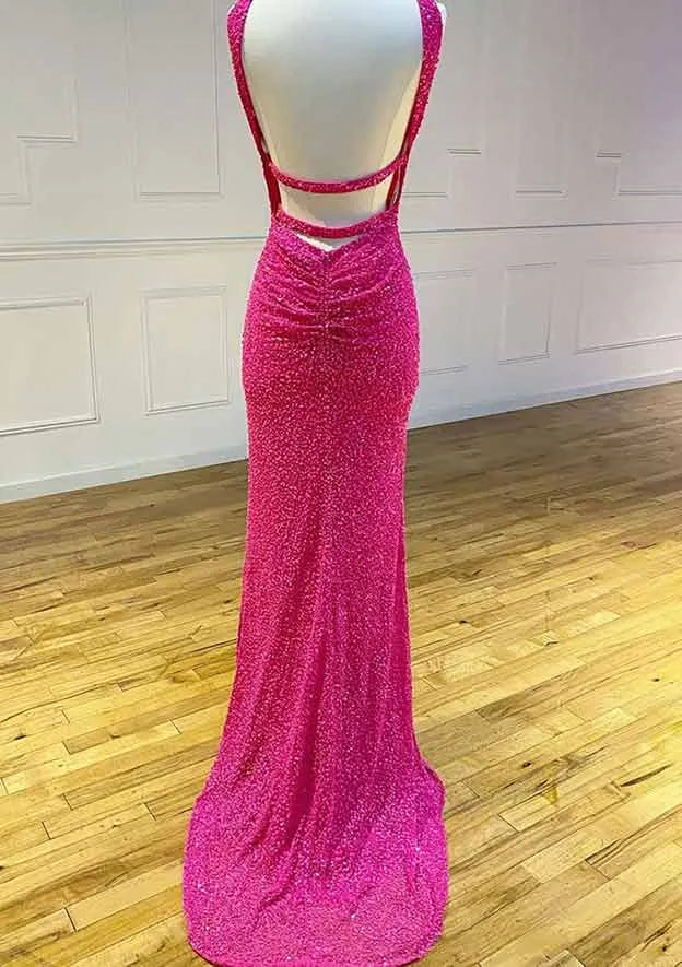 Sheath/Column Halter Sleeveless Court Train Sequins Prom Dress With Split