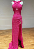 Sheath/Column Halter Sleeveless Court Train Sequins Prom Dress With Split