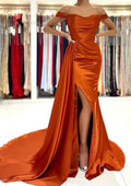 Sheath/Column Off-the-Shoulder Short Sleeve Court Train Prom Dress With Pleated