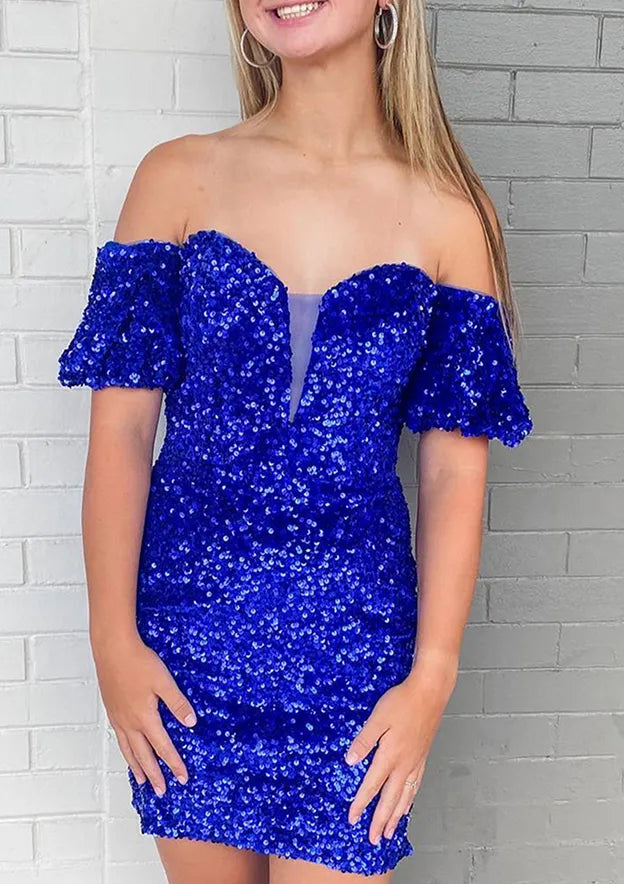 Sheath/Column Off-the-Shoulder Short Sleeve Short/Mini Homecoming Dress