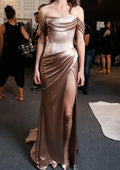 Sheath/Column Off-the-Shoulder Short Sleeve Sweep Train Prom Dress With Pleated