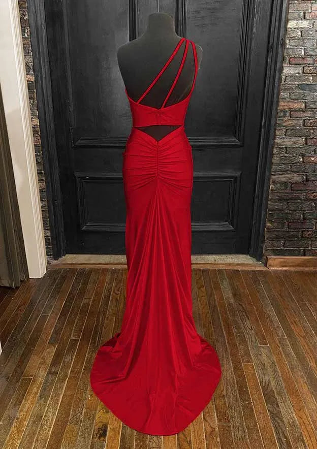 Sheath/Column One-Shoulder Sleeveless Long/Floor-Length Prom Dress With Pleated Split