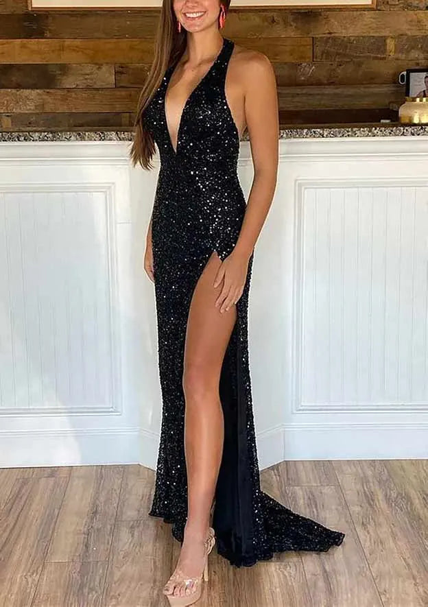 Sheath/Column V Neck Sleeveless Court Train Sequins Prom Dress With Split