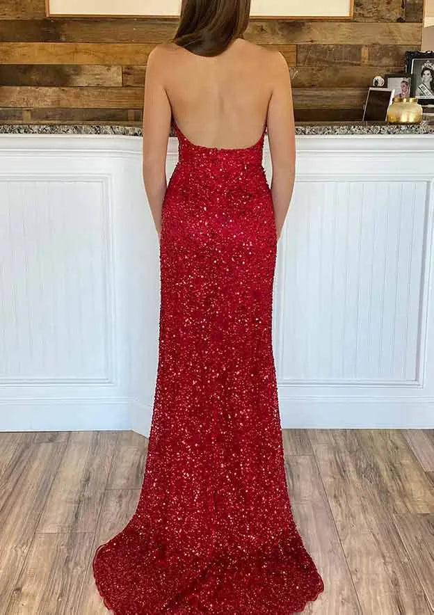 Sheath/Column V Neck Sleeveless Court Train Sequins Prom Dress With Split