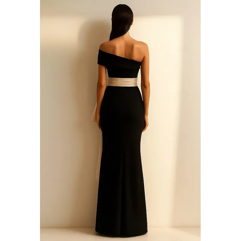 Black Sheath One-Shoulder Bow Beige Floor Length Prom Dress