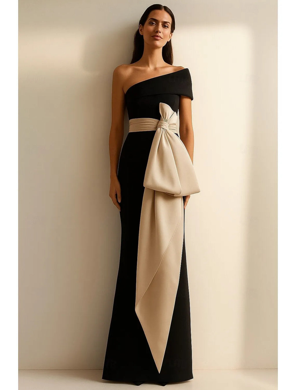 Black Sheath One-Shoulder Bow Beige Floor Length Prom Dress