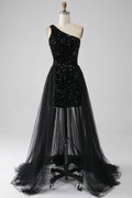 Black Sheath One-Shoulder Long Prom Dress With Train Hot Sale