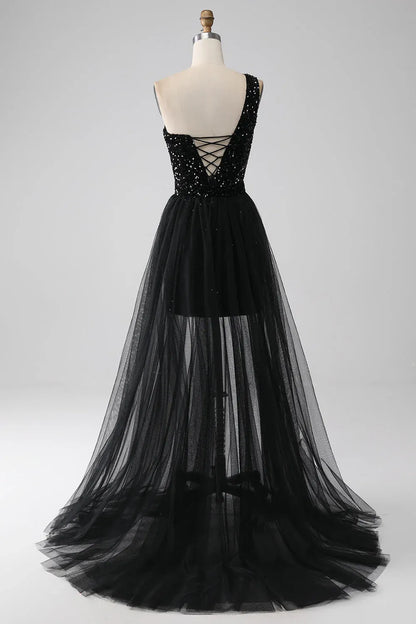 Elegant Black Sequin A-Line One-Shoulder Classic-Sleeve Lace-Up-Back Floor-Length Prom Dress