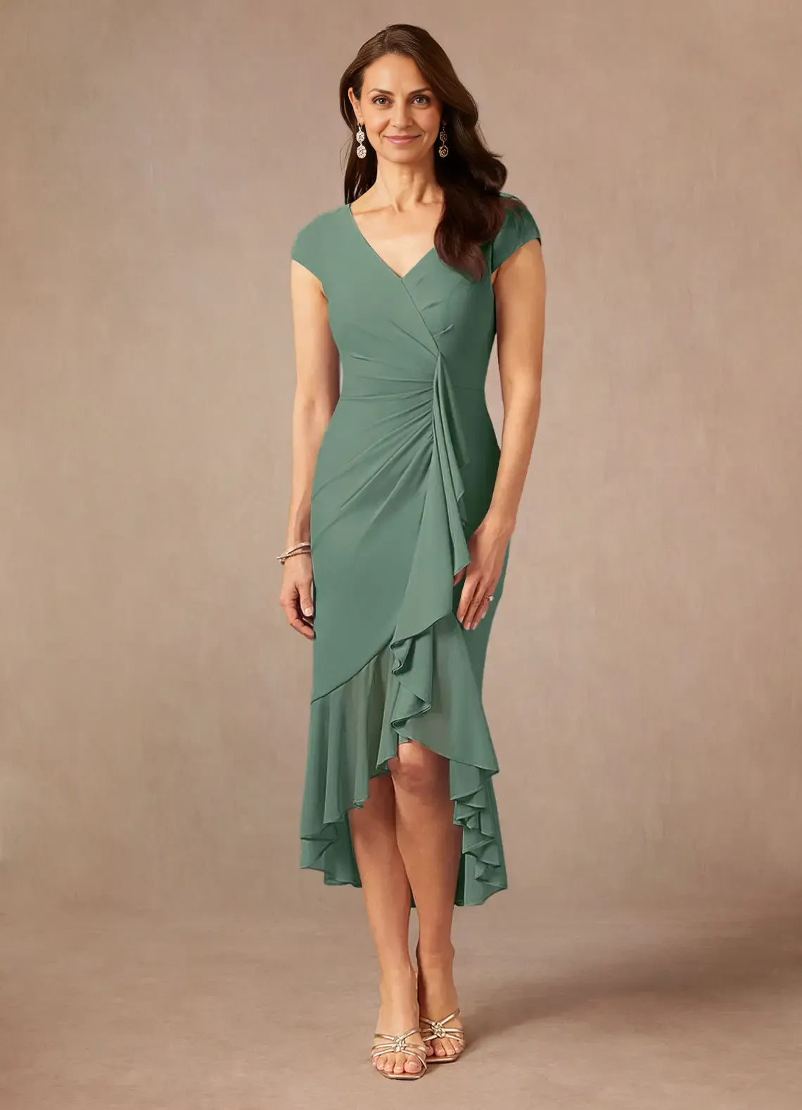 Special Occasion Sophisticated Elegant Sheath V-Neck Ruffle Mother of the Bride Dress