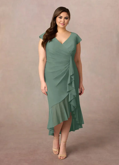 Beautiful Timeless Chic Elegant Sheath V-Neck Ruffle Mother of the Bride Dress