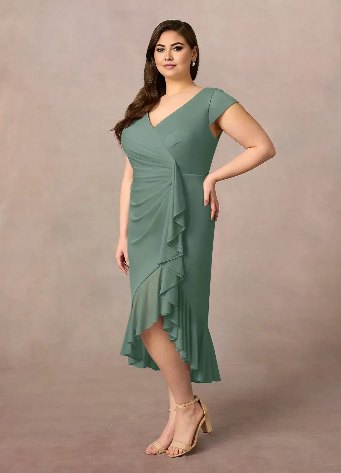 Beautiful Timeless Chic Elegant Sheath V-Neck Ruffle Mother of the Bride Dress
