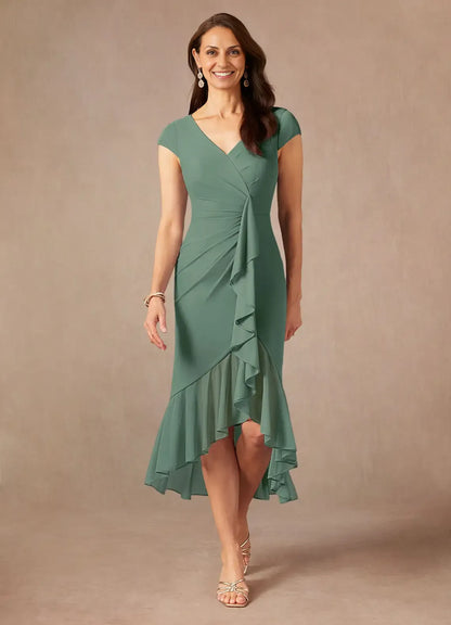 Special Occasion Sophisticated Elegant Sheath V-Neck Ruffle Mother of the Bride Dress
