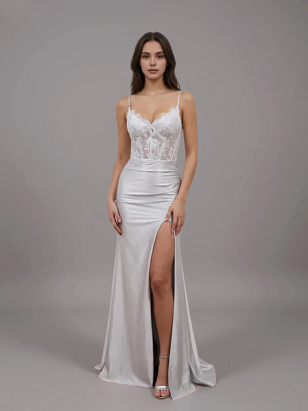Special Occasion Sophisticated Graceful Elegant Silver Satin Mermaid Spaghetti Strap Prom Dress