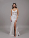 Special Occasion Sophisticated Graceful Elegant Silver Satin Mermaid Spaghetti Strap Prom Dress