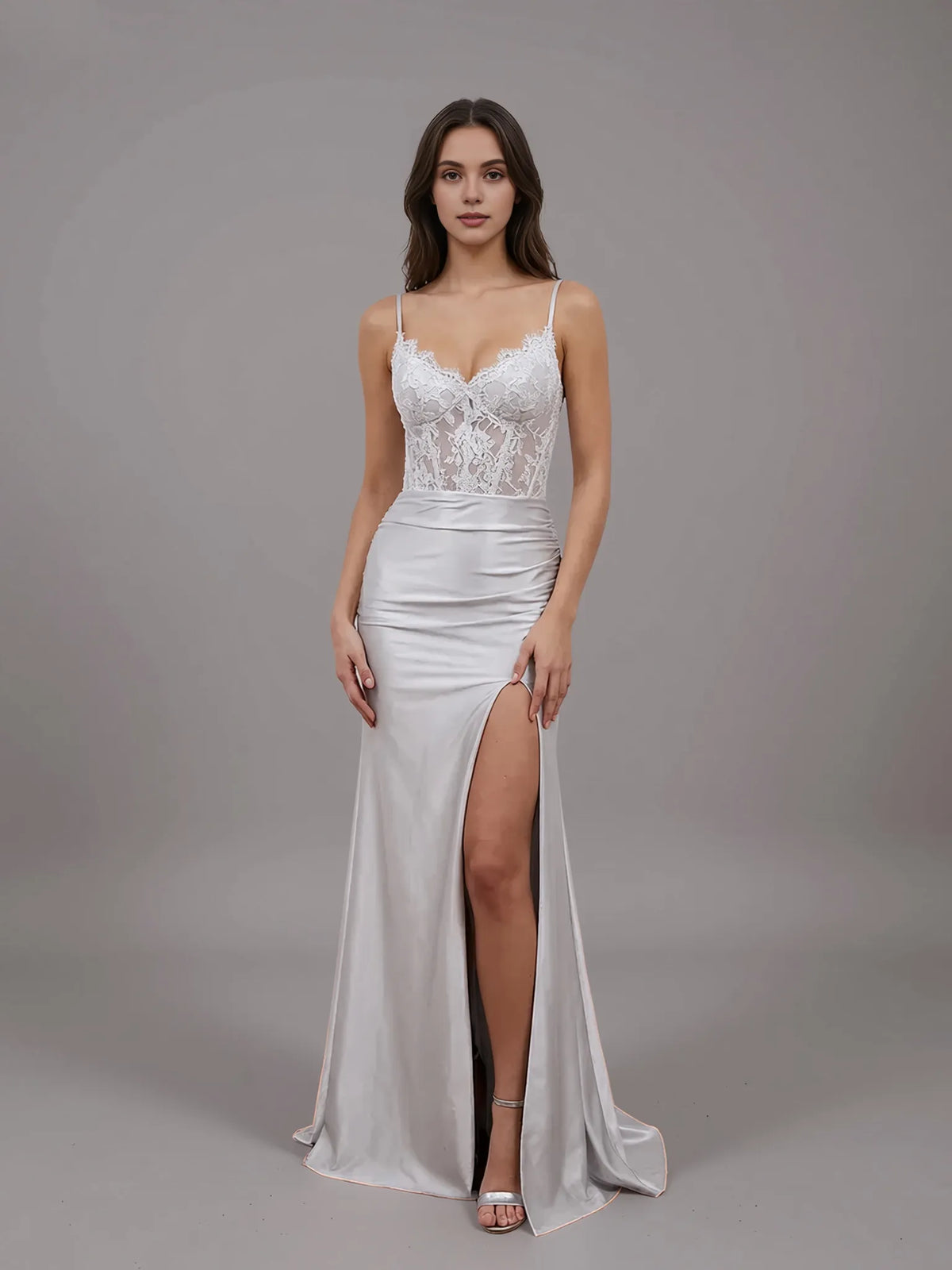 Special Occasion Sophisticated Graceful Elegant Silver Satin Mermaid Spaghetti Strap Prom Dress