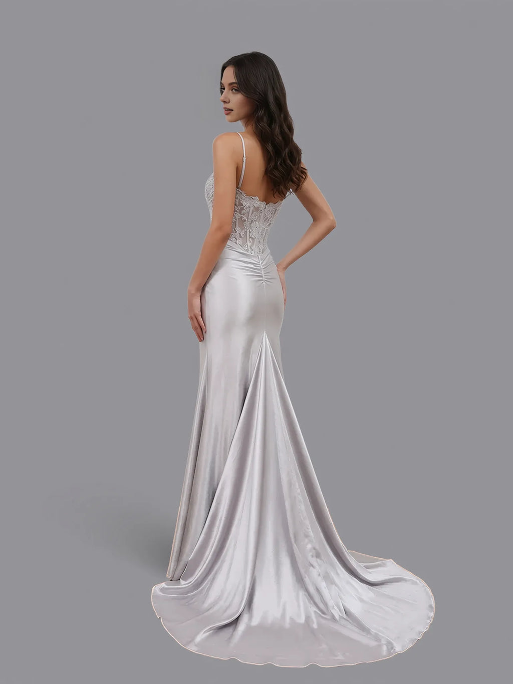 Special Occasion Sophisticated Graceful Elegant Silver Satin Mermaid Spaghetti Strap Prom Dress