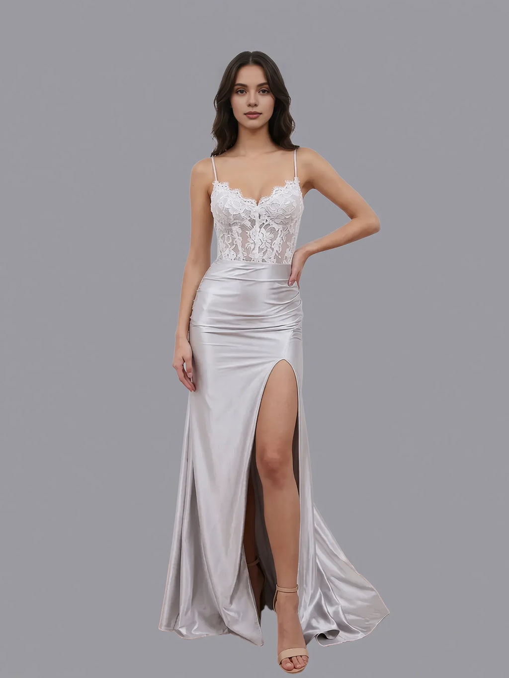 Special Occasion Sophisticated Graceful Elegant Silver Satin Mermaid Spaghetti Strap Prom Dress