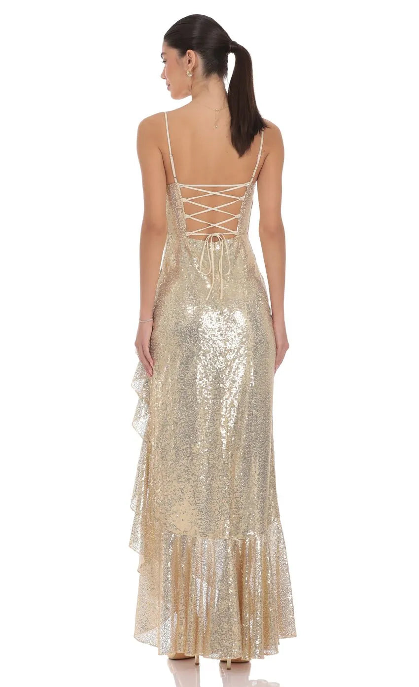 Shimmering Sheath Square Neck Spaghetti Strap Up Back Floor Length Slit Prom Dresses