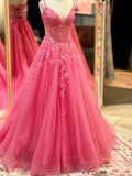 Pink Shiny A-Line V Neck Corset Applique Hot Long Prom Dress