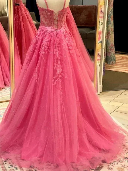 Pink Shiny A-Line V Neck Corset Applique Hot Long Prom Dress