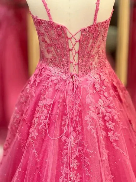 Pink Shiny A-Line V Neck Corset Applique Hot Long Prom Dress