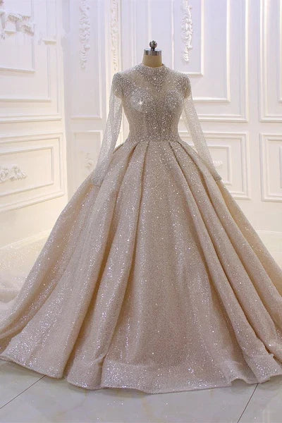 Shiny Long Sleevess Pleats Champange Wedding Dress