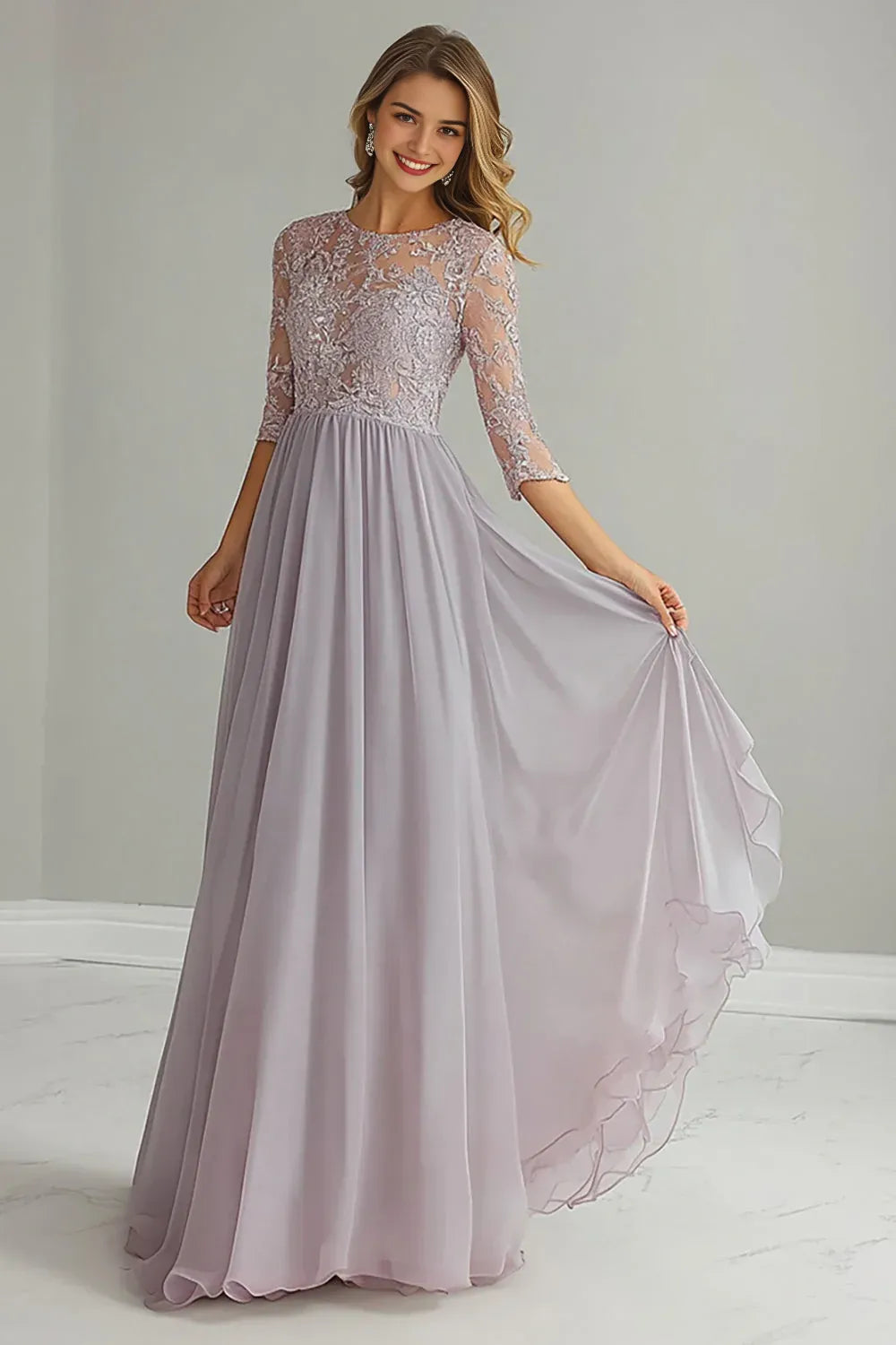 Silver Mother of the Bride Dress with 3/4 Sleeves