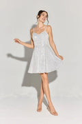 Silver Spaghetti Strap Homecoming Dress Sparkly A - Line Skirt Sweetheart Neckline Full - Glitter Party Vibe for School Dance