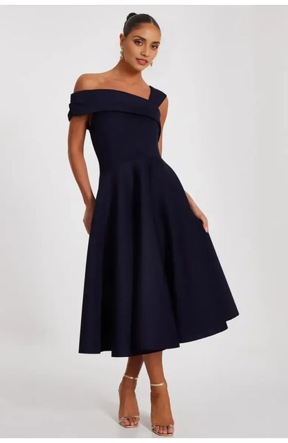 Special Occasion Sophisticated Elegant Navy Blue A-Line Asymmetric Sleeveless Tea-Length Prom Dress