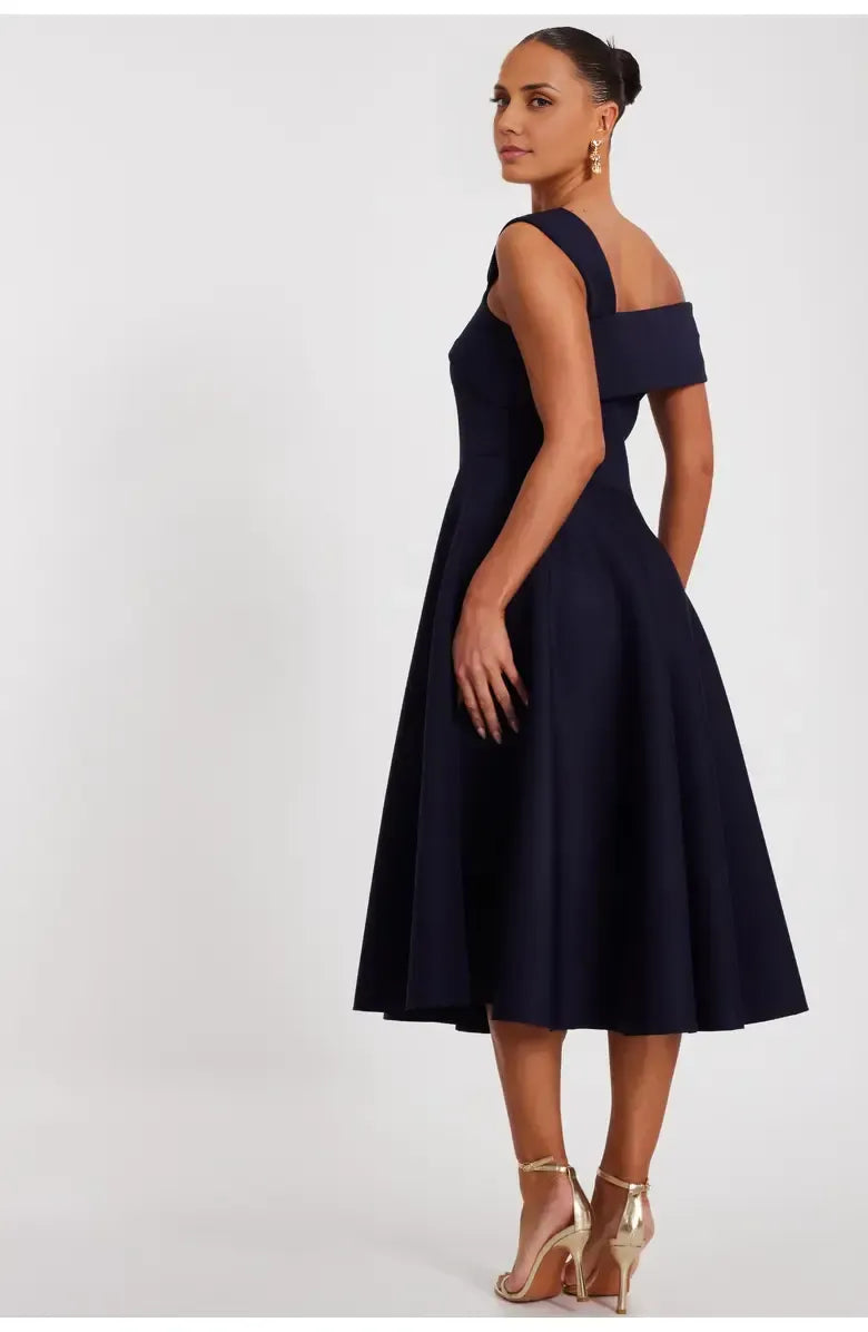 Special Occasion Sophisticated Elegant Navy Blue A-Line Asymmetric Sleeveless Tea-Length Prom Dress